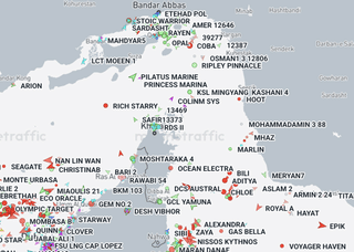 Ships in and around the Strait of Hormuz, between Iran and Oman, based on vessel tracker data from Marine Traffic, as of June 1, 2026