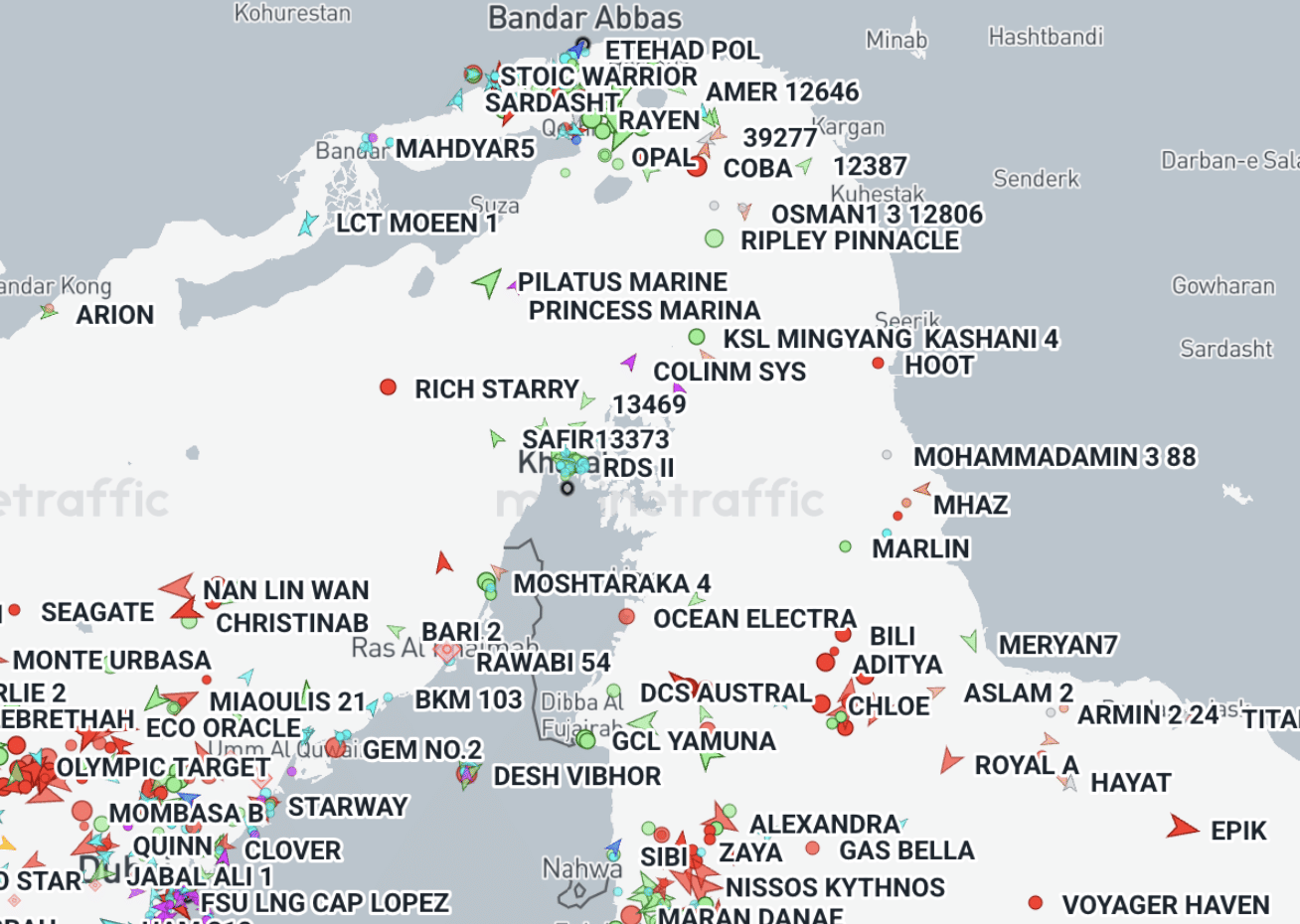 Ships in and around the Strait of Hormuz, between Iran and Oman, based on vessel tracker data from Marine Traffic, as of June 1, 2026