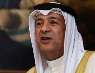 Jasem Mohamed Albudaiwi, secretary general of the Gulf Cooperation Council, speaks as he attends a signing ceremony at Downing Street in London on May 20, 2026.