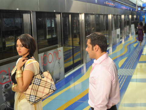 Sonakshi Sinha and Salman Khan filming a song sequence in Dubai Metro