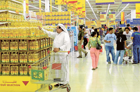 Shoppers at a supermarket in the UAE. Despite the 24-hour lockdown, UAE consumers said visiting a supermarket was the preferred method of shopping. 