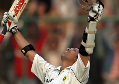 Sachin Tendulkar celebrates after completing one of his Test centuries, remains the highest rungetter in both Tests and One day Internationals nearly eight years after his retirement.