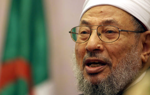 A file picture taken on March 28, 2007, shows Egyptian-born cleric Shaikh Yusuf Al-Qaradawi speaking during a press conference held on the eve of the 5th International Al-Quds (Jerusalem) conference, in Algiers. 