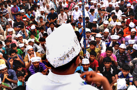 In this file picture, AAP leader Arvind Kejriwal addresses his supporters  in Varanasi.