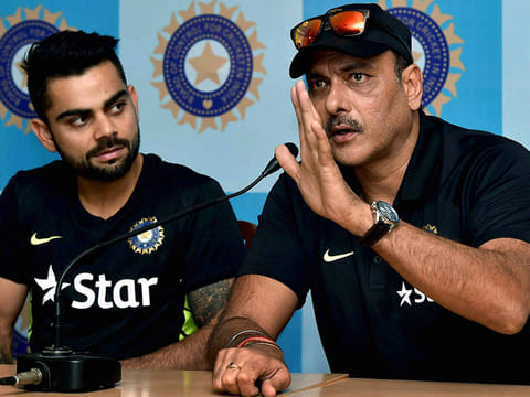 Indian team's captain Virat Kohli (left) and head coach Ravi Shastri addressed a pre-departure press conference in Mumbai.
