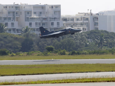File picture shows Tejas, a combat aircraft made by the state-owned Hindustan Aeronautics Ltd, takes off in Bengaluru