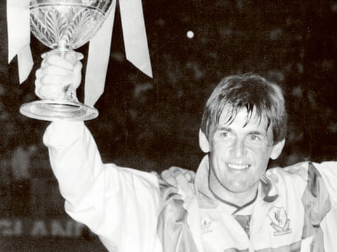 Former footballer and football manager Kenny Dalglish celebrates Liverpool winning League Liverpool V Derby County. 