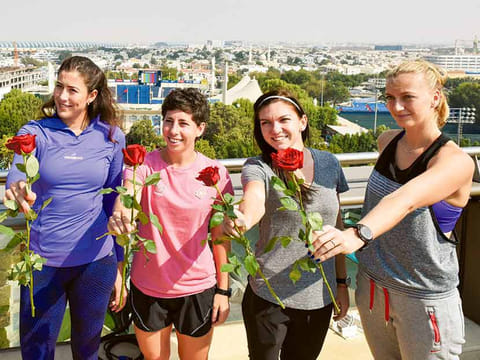 Carla Suarez Navarro (second left), Garbine Muguruza, Simona Halep, Petra Kvitova during one of their appearances at Dubai Duty Free Championships.
