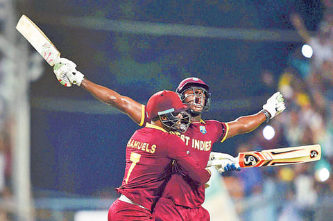 Defining moment: West Indies ICC World T20 hero Carlos Brathwaite (right) erupts after taking his team over the line in 2016 final.