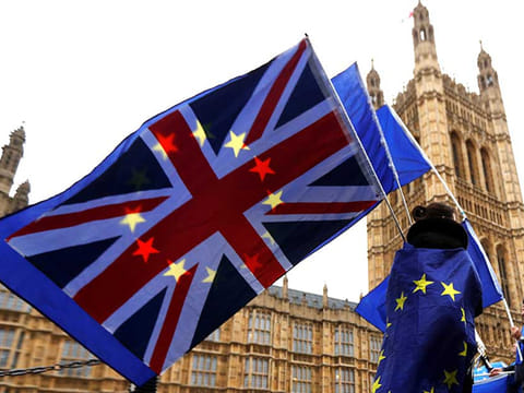 Anti-Brexit protesters wave EU and Union flags outside the Houses of Parliament in London 
