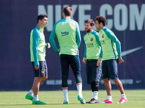 The departed: Barcelona’s Luis Suarez, Gerard Pique, Lionel Messi and Neymar during happier times