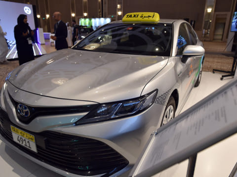 The hybrid taxi, which combines a battery and internal combustion engine, displayed at the International Conference and exhibition on Future Mobility, hosted by the Emirates Authority for Standardisation and Metrology (ESMA)at the St Regis hotel in Sadiyat  Island Abu Dhabi yesterday  Photo Ahmed Kutty/Gulf News