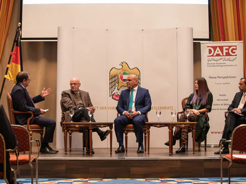 Discussing the findings, from left: Santo Pane, Managing Director BCW Frankfurt; Member of Parliament Alexander Gamal Radwan; His Excellency Ali Al Ahmad,  UAE Ambassador to Germany; UAE-based entrepreneur and founder of Womena, Elissa Freiha; and Sunil John, President, BCW Middle East.
