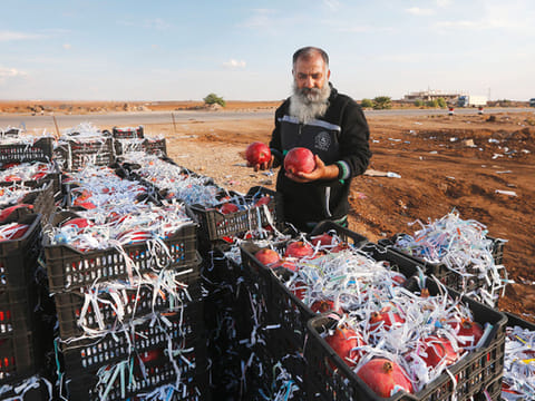 Syrian vendor Abu Ala’a waits for Jordanian customers to sell them pomegranates at the recently reopened Naseeb border post in Daraa province on the Syrian-Jordanian border.