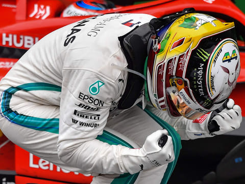 Mercedes' British driver Lewis Hamilton celebrates after winning the F1 Brazil Grand Prix, while Mercedes took the constructors title.