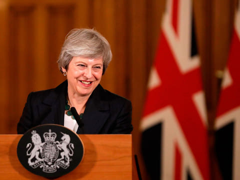 Britain's Prime Minister Theresa May gives a press conference inside 10 Downing Street in central London.