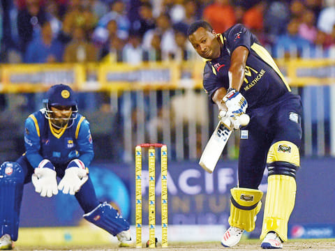 Kieron Pollard looks aggressive during a Kerela Kings match in T10 League last year. The second edition of the league will be held from November 21 to December 2.