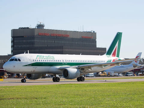 An Alitalia jet at Sheremetyevo International Airport in Moscow on June 1, 2018. 