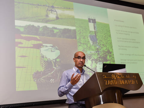 Dr. Ali Elbattay addressing delegates on "UAVs Perspective for Agruculture and Food Security" at the 1st edition of Drones Synergies conference in Dubai. 