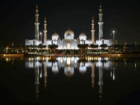 A night view from Wahat Al Karama of Shaikh Zayed Grand Mosque in Abu Dhabi. 