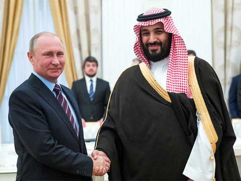 Russian President Vladimir Putin shakes hands with Saudi Arabia’s Deputy Crown Prince and Defence Minister, Mohammad Bin Salman during a meeting at the Kremlin in Moscow, Russia.