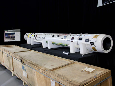The US military displays what it says is a Iranian Sayyad-2 surface-to-air missile system Iranian drone, at Joint Base Anacostia-Bolling in Washington, DC, on November 29, 2018.