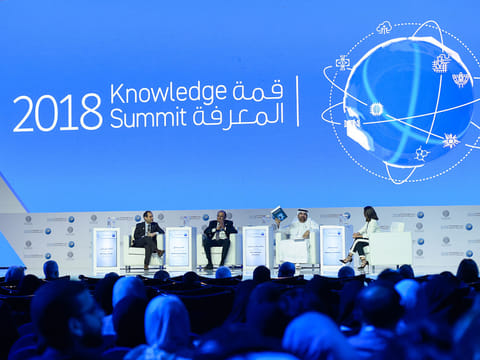 Lelf to right: Hany Torky, Chief Technical Advisor, Arab Knowledge Project, Khaled Abdul Shafi, UNDP Director of Regional Bureau for Arab States, Jamal bin Huwaireb, CEO, MBRF, and the moderator Mayssoun Noueihed, Al Arabiya on the second day of Knowledge Summit 2018.
