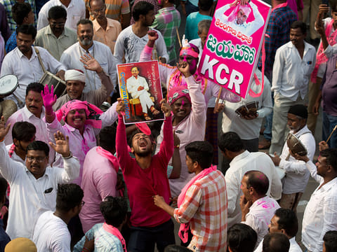 Supporters of Telangana Rasthtra Samathi (TRS) celebrate victory for the party in the Telangana State Assembly elections in Hyderabad, India.