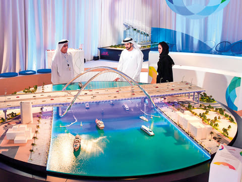 Shaikh Hamdan views a model of the RTA’s Al Shindagha Bridge project on the sidelines of the forum in Dubai.