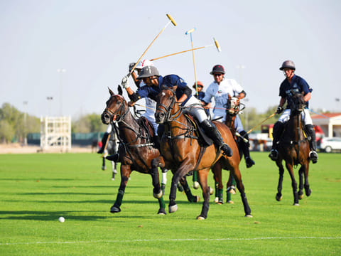 Action from the Emirates Open Polo Championship match between Habtoor Polo and Desert Palm Polo teams.