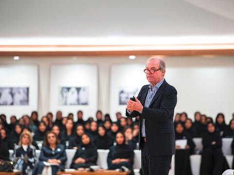 Dr Nicholas Negroponte speaking on the subject of ‘Biotech is the New Digital’ at the majlis of Shaikh Mohammad Bin Zayed in Abu Dhabi. Dr Negroponte invented the touchscreen.