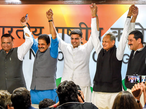 Rajasthan Congress president Sachin Pilot (centre) and chief minister-designate Ashok Gehlot (second right) at the party’s headquarters in New Delhi yesterday.