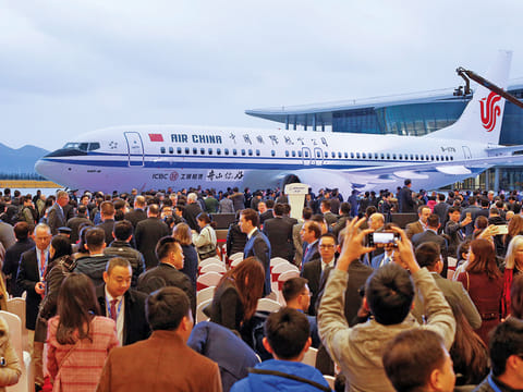Guests at a ceremony marking the delivery of the first Boeing 737 Max narrow-body passenger airplane to Air China, at Boeing’s Zhoushan completion centre in Zhejiang,