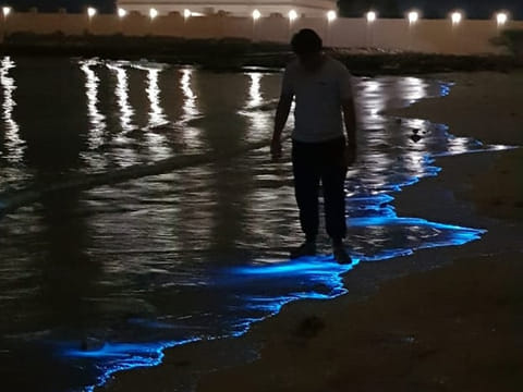 Syed Sohail at the beach in Dibba, Fujairah with bioluminescent phytoplankton.