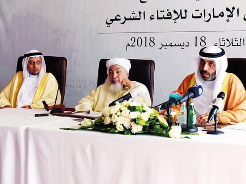 From left: Dr Ahmad Al Haddad, Grand Mufti of Dubai, Shaikh Abdullah Bin Bayyah and  Dr  Mohammad Mattar Al Kaabi adddressing a press conference in Abu Dhabi.