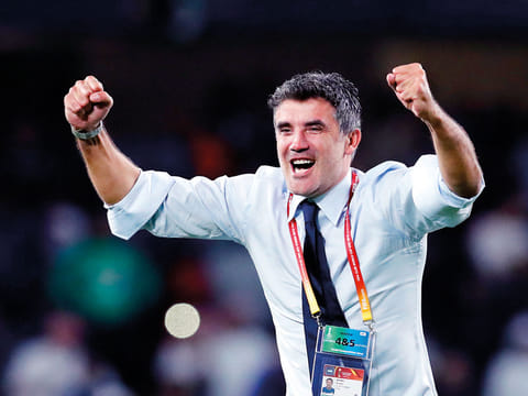 Emirates's Al Ain head coach Zoran Mamic celebrates during a penalty shootout at the end of the Club World Cup semifinal soccer match between Al Ain Club and River Plate at the Hazza Bin Zayed stadium in Al Ain, United Arab Emirates, Tuesday, Dec. 18, 2018. 