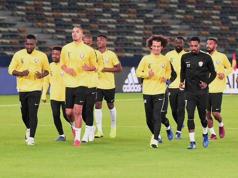 Al Ain players training at Zayed Sports City in Abu Dhabi last night. 