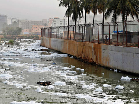 Industrial waste floats on Bellundur Lake in Bengaluru, India. India has signalled that it is ready to accelerate its climate commitments if other countries also do so.