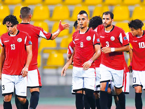 Yemen team celebrate their 2-1 win over Nepal 2-1 in March 27 that helped them reach the Asian Cup for the first time in their history.