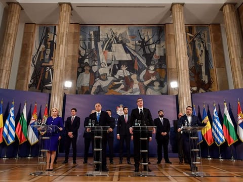 (From L to R) Romania's Prime Minister Viorica Dancila, Bulgaria's Prime Minister Boyko Borisov, Serbian President Aleksandar Vucic and Greece's Prime Minister Alexis Tsipras  attend a joint press conference during the Quadrilateral Balkan Summit in Belgrade on December 22, 2018. The four-party co-operation that began in October 2017 in Varna, establishes the Balkan countries' co-operation on major regional issues.