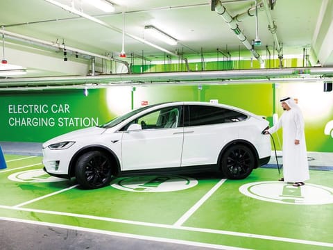 A Tesla Model X being charged at an EV charging station in Dubai. There are currently 278 EV charging stations in the UAE, according to Electromaps. With the new universal charger system invented and patented by Dewa, it doesn't matter whether your vehicle uses AC or DC plug as the new universal charger system is adaptive