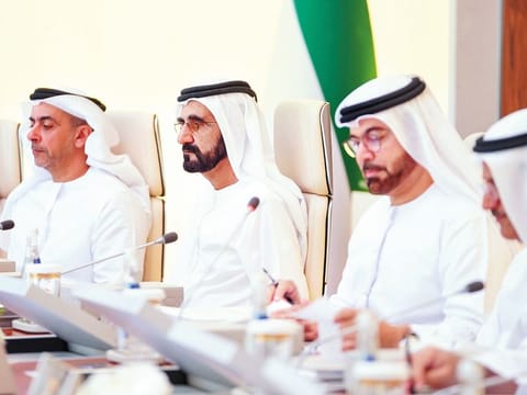 Shaikh Mohammad Bin Rashid, Shaikh Saif and Mohammad Abdullah Al Gergawi, Minister of Cabinet Affairs and the Future, during the cabinet meeting in Abu Dhabi.
