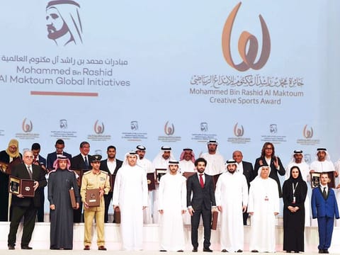 Shaikh Hamdan and Shaikh Ahmad Bin Mohammad Bin Rashid Al Maktoum, Chairman of MBR Creative Sports Awards, with Mohammad Salah and other awardees during the awards ceremony at World Trade Centre on Thursday. 