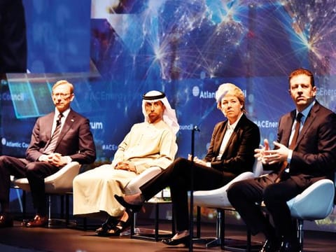 From left: US lawyer Brian Hook, Suhail Al Mazroui, US businesswoman Lisa Davis, and Majid Jafar, CEO Crescent Petroleum at the Atlantic Council forum in Abu Dhabi yesterday.