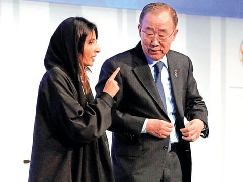 Ban Ki-moon and Razzan Al Mubarak during their discussion at ‘The Future Sustainability Summit’ at Adnec on Tuesday.