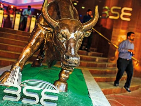 A bronze bull statue at the entrance to the Bombay Stock Exchange in Mumbai. 
