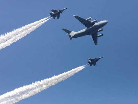 India's Air Force's (IAF) C-17 Globemaster and two Sukhoi Su-30MKI aircrafts fly-past during the Republic Day parade.