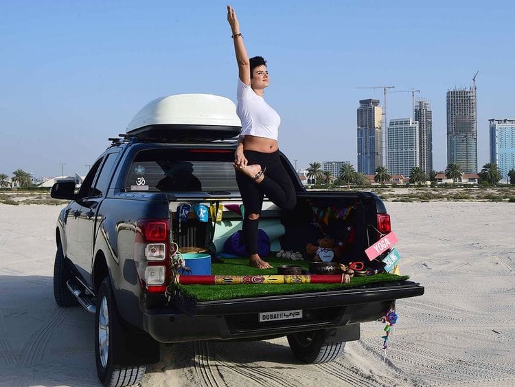 Lina Zoghaib in her Yogi Truck, a mobile studio that connects the practice of yoga and meditation to nature.
