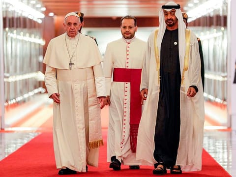 Highness Shaikh Mohammad Bin Zayed Al Nahyan, Crown Prince of Abu Dhabi and Deputy Supreme Commander of the UAE Armed Forces, receives Pope Francis on his arrival to the UAE.