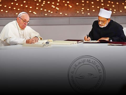 File photo shows Pope Francis (L) and Dr Ahmad Al Tayeb, Grand Imam of Al Azhar (R), signing the Human Fraternity document, called ‘Abu Dhabi Declaration’ at the Founders Memorial in Abu Dhabi, UAE.